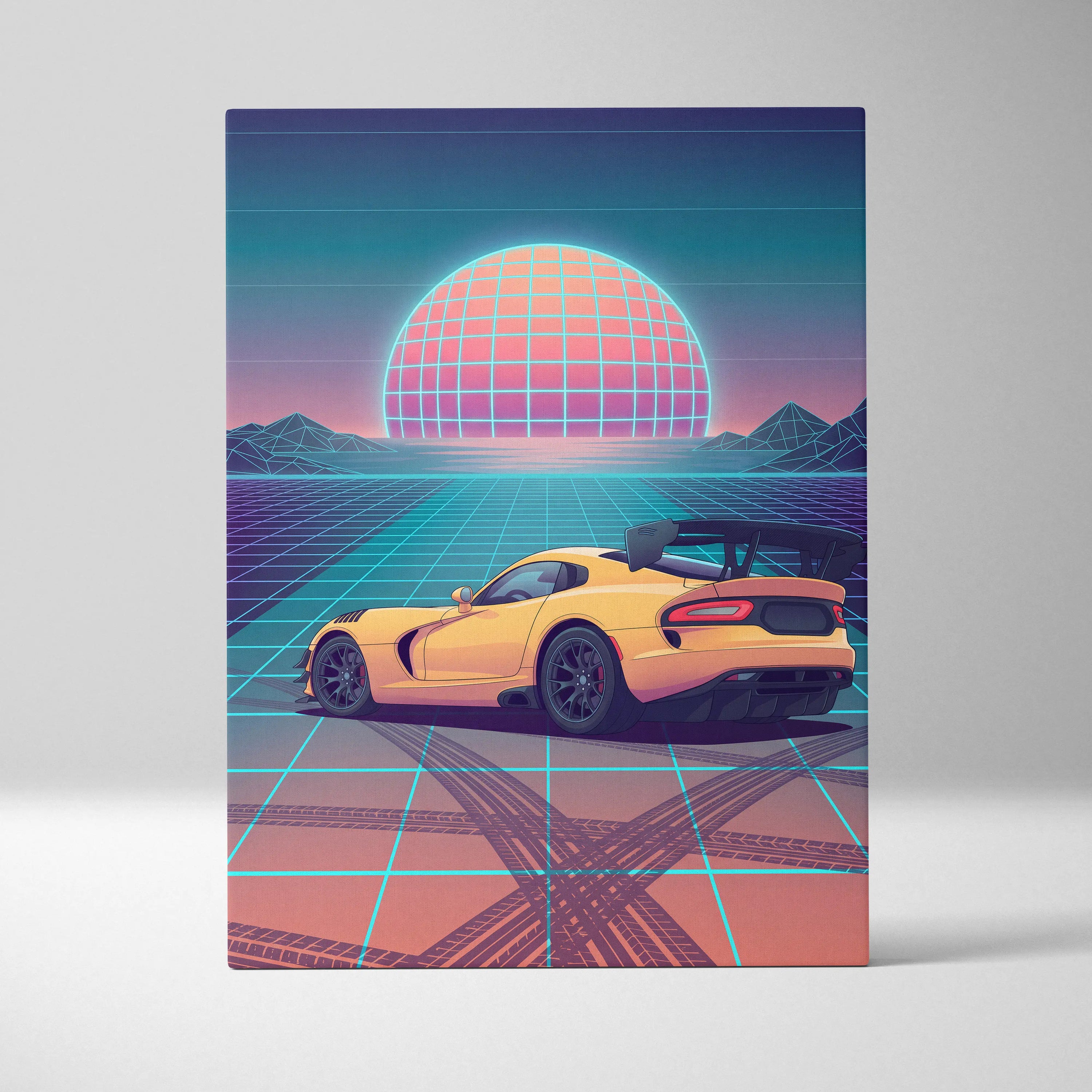 Dodge Viper ACR Inspired Yellow Blue Canvas Wall Art, Vaporwave Track Car Artwork, Neon Grid Garage Decor, Retro Futuristic Motorsport Print