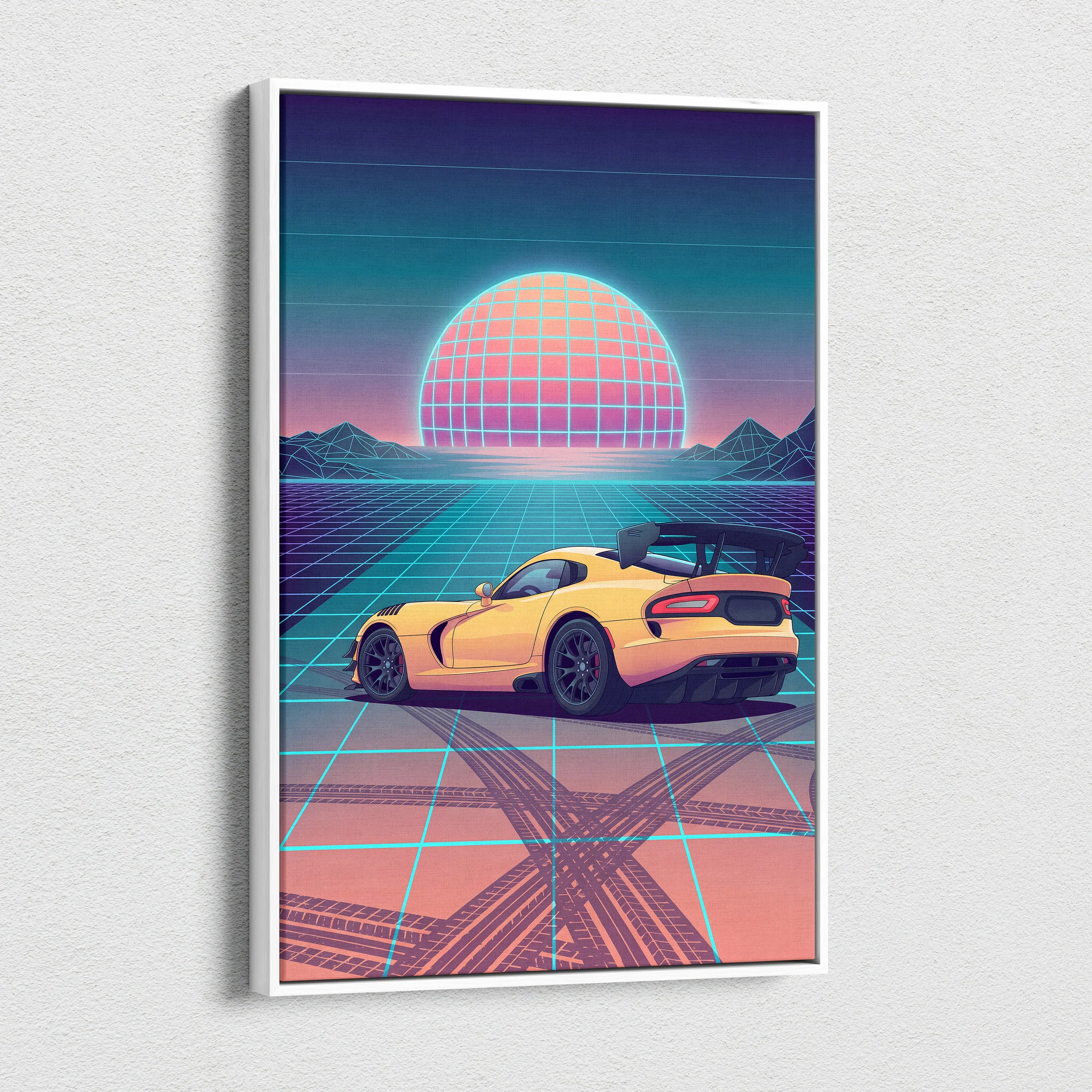 Dodge Viper ACR Inspired Yellow Blue Canvas Wall Art, Vaporwave Track Car Artwork, Neon Grid Garage Decor, Retro Futuristic Motorsport Print