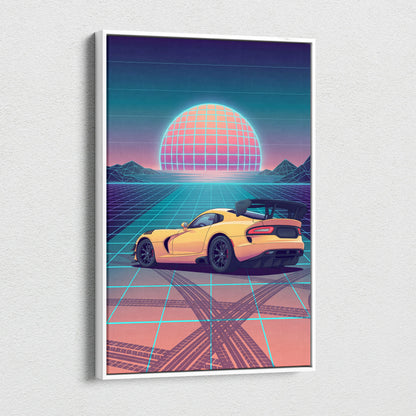 Dodge Viper ACR Inspired Yellow Blue Canvas Wall Art, Vaporwave Track Car Artwork, Neon Grid Garage Decor, Retro Futuristic Motorsport Print