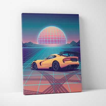 Dodge Viper ACR Inspired Yellow Blue Canvas Wall Art, Vaporwave Track Car Artwork, Neon Grid Garage Decor, Retro Futuristic Motorsport Print