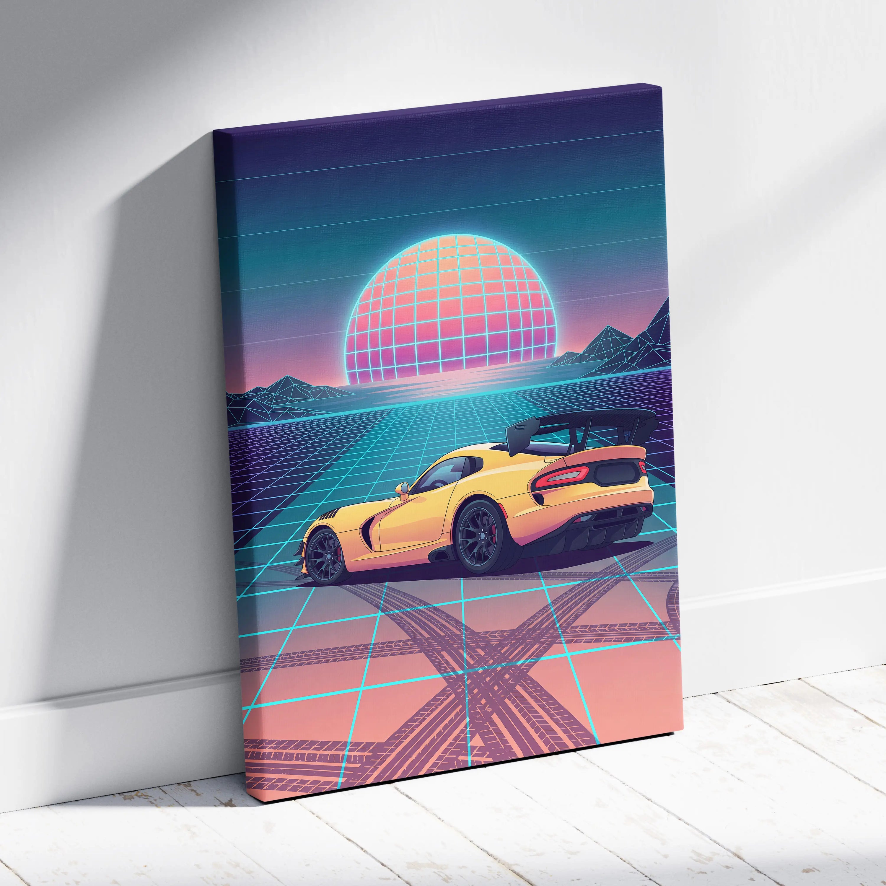 Dodge Viper ACR Inspired Yellow Blue Canvas Wall Art, Vaporwave Track Car Artwork, Neon Grid Garage Decor, Retro Futuristic Motorsport Print