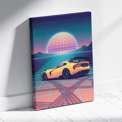 Dodge Viper ACR Inspired Yellow Blue Canvas Wall Art, Vaporwave Track Car Artwork, Neon Grid Garage Decor, Retro Futuristic Motorsport Print