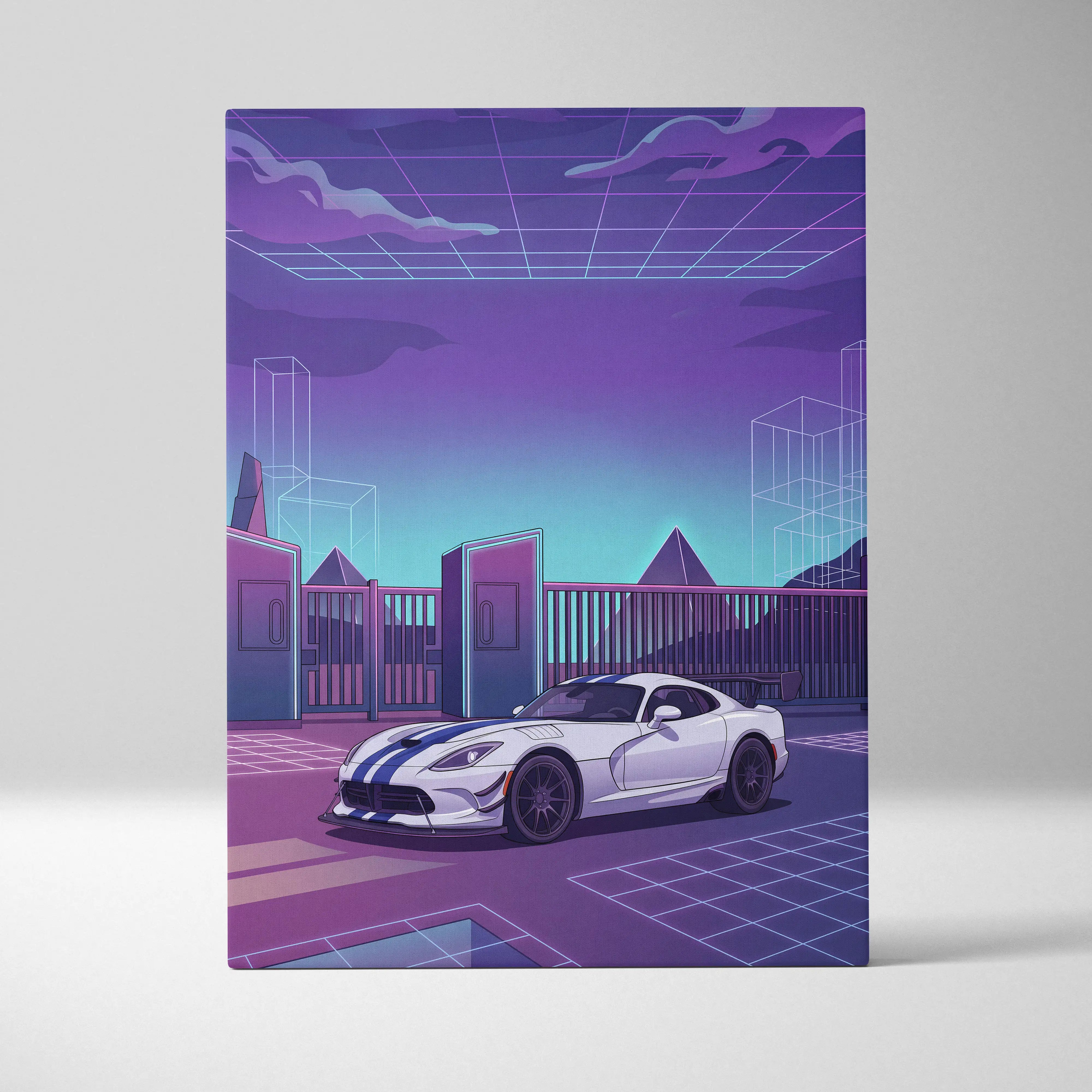 Dodge Viper ACR Inspired Purple Blue Canvas Wall Art, Vaporwave Night Drive, Retro Futuristic Garage Decor, Sports Car Artwork