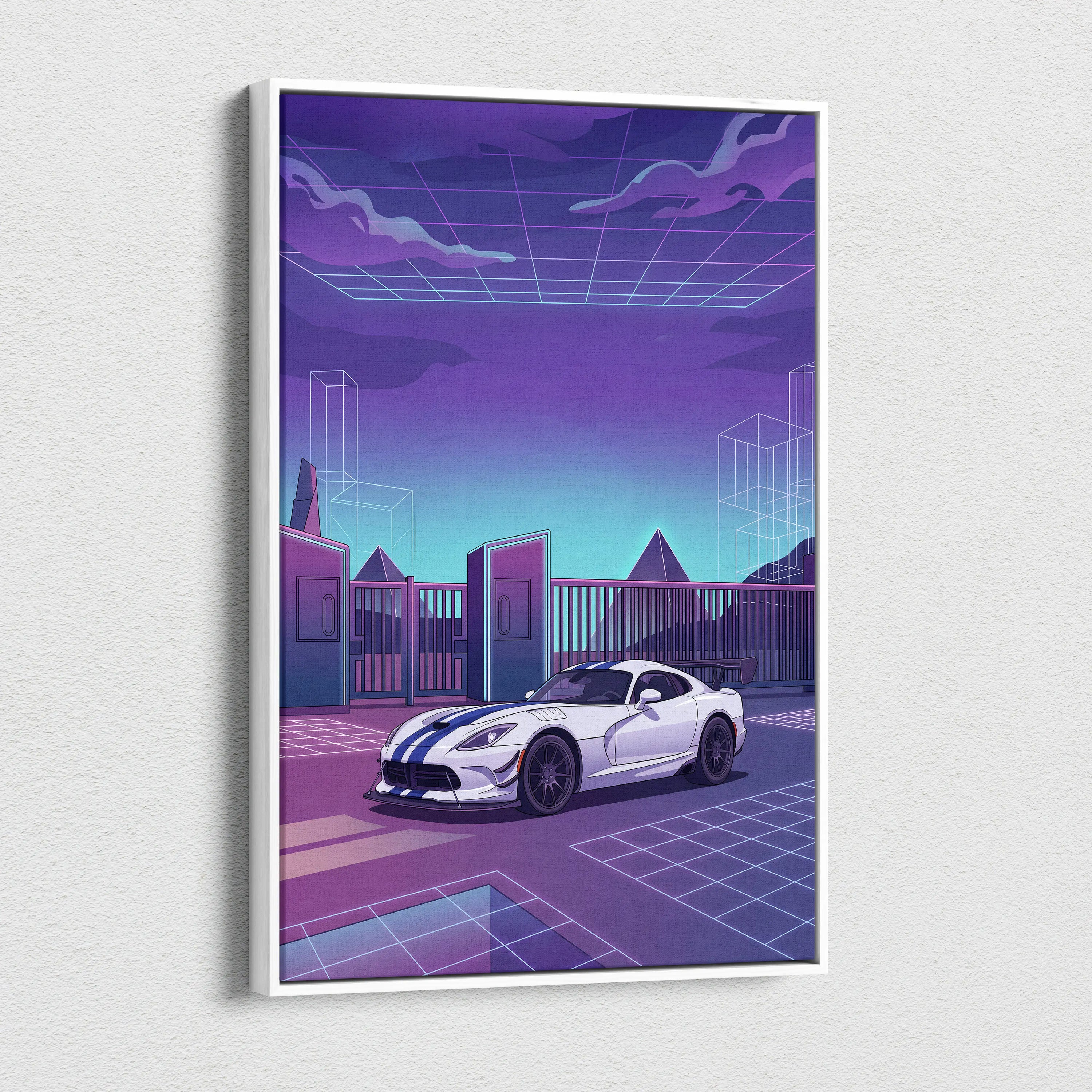 Dodge Viper ACR Inspired Purple Blue Canvas Wall Art, Vaporwave Night Drive, Retro Futuristic Garage Decor, Sports Car Artwork