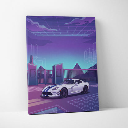 Dodge Viper ACR Inspired Purple Blue Canvas Wall Art, Vaporwave Night Drive, Retro Futuristic Garage Decor, Sports Car Artwork
