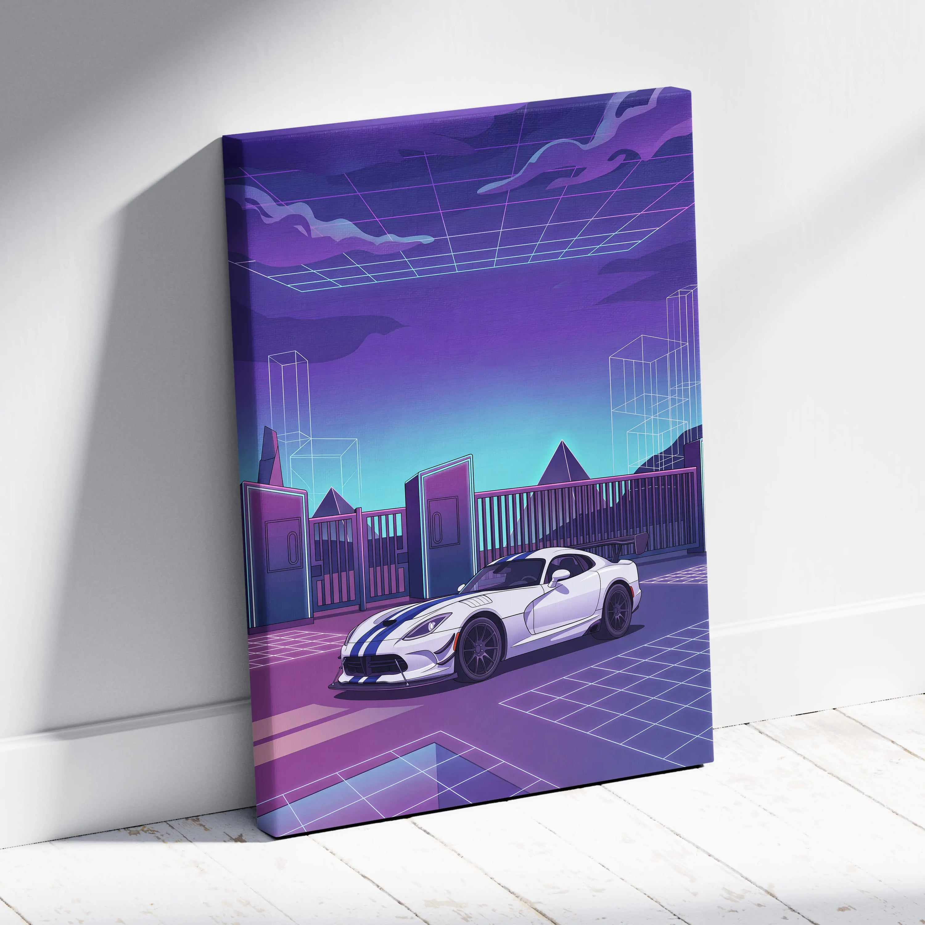 Dodge Viper ACR Inspired Purple Blue Canvas Wall Art, Vaporwave Night Drive, Retro Futuristic Garage Decor, Sports Car Artwork