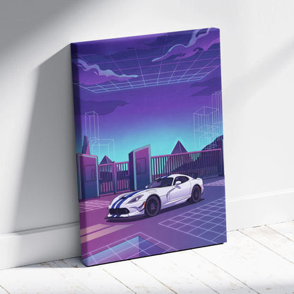 Dodge Viper ACR Inspired Purple Blue Canvas Wall Art, Vaporwave Night Drive, Retro Futuristic Garage Decor, Sports Car Artwork