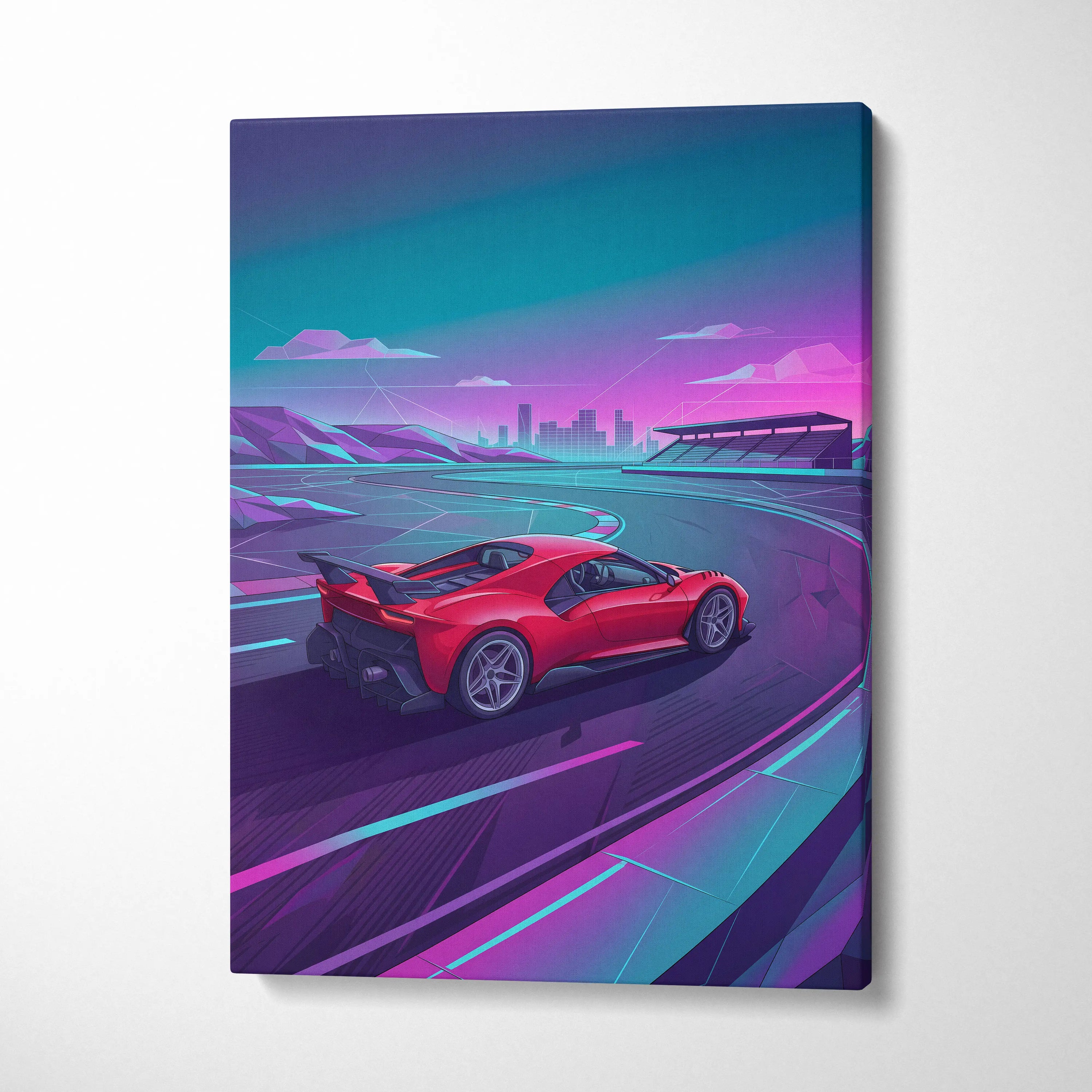 Ferrari 488 Inspired Red Teal Canvas Wall Art, Vaporwave Track Car Artwork, Neon City Garage Decor, Retro Futuristic Supercar Print