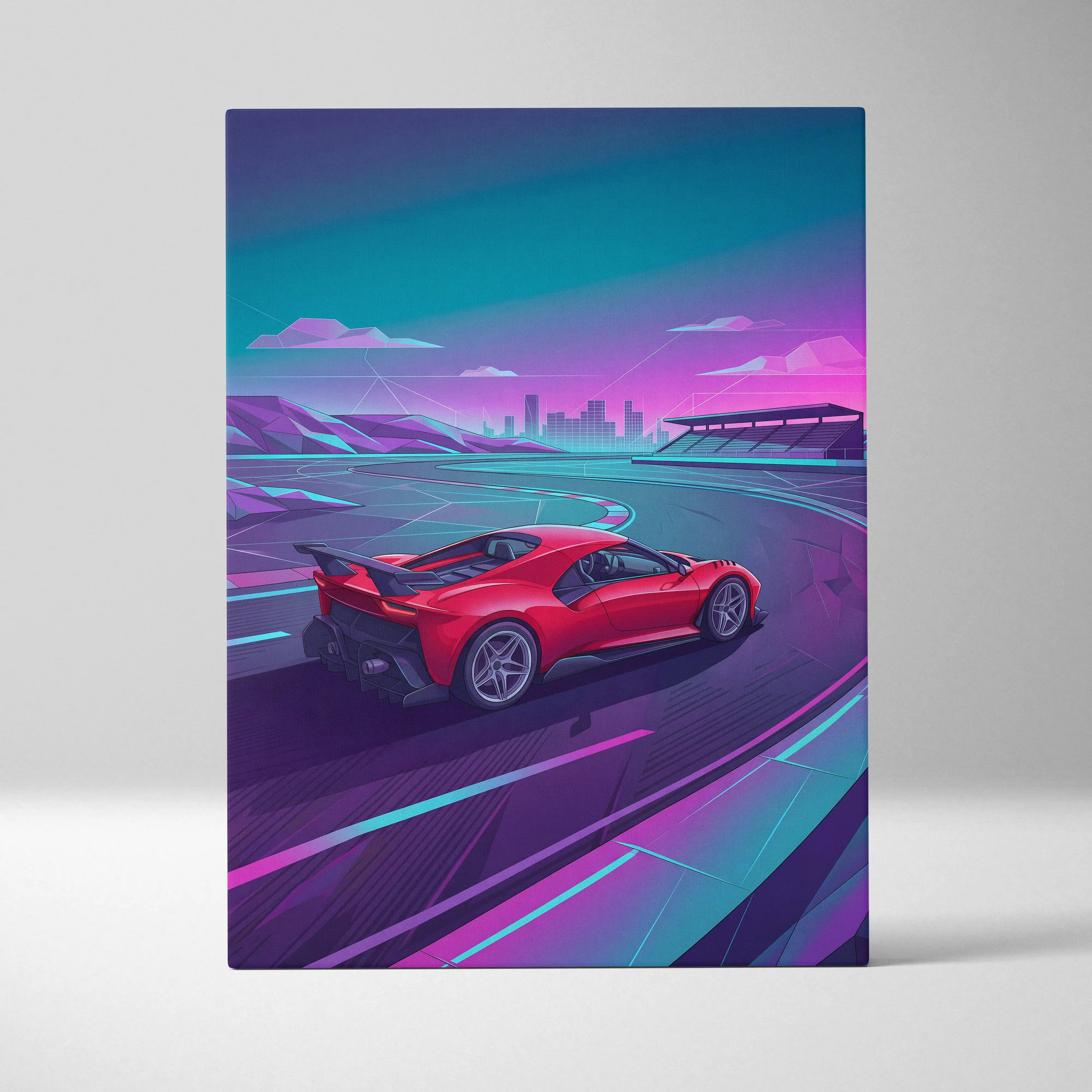 Ferrari 488 Inspired Red Teal Canvas Wall Art, Vaporwave Track Car Artwork, Neon City Garage Decor, Retro Futuristic Supercar Print