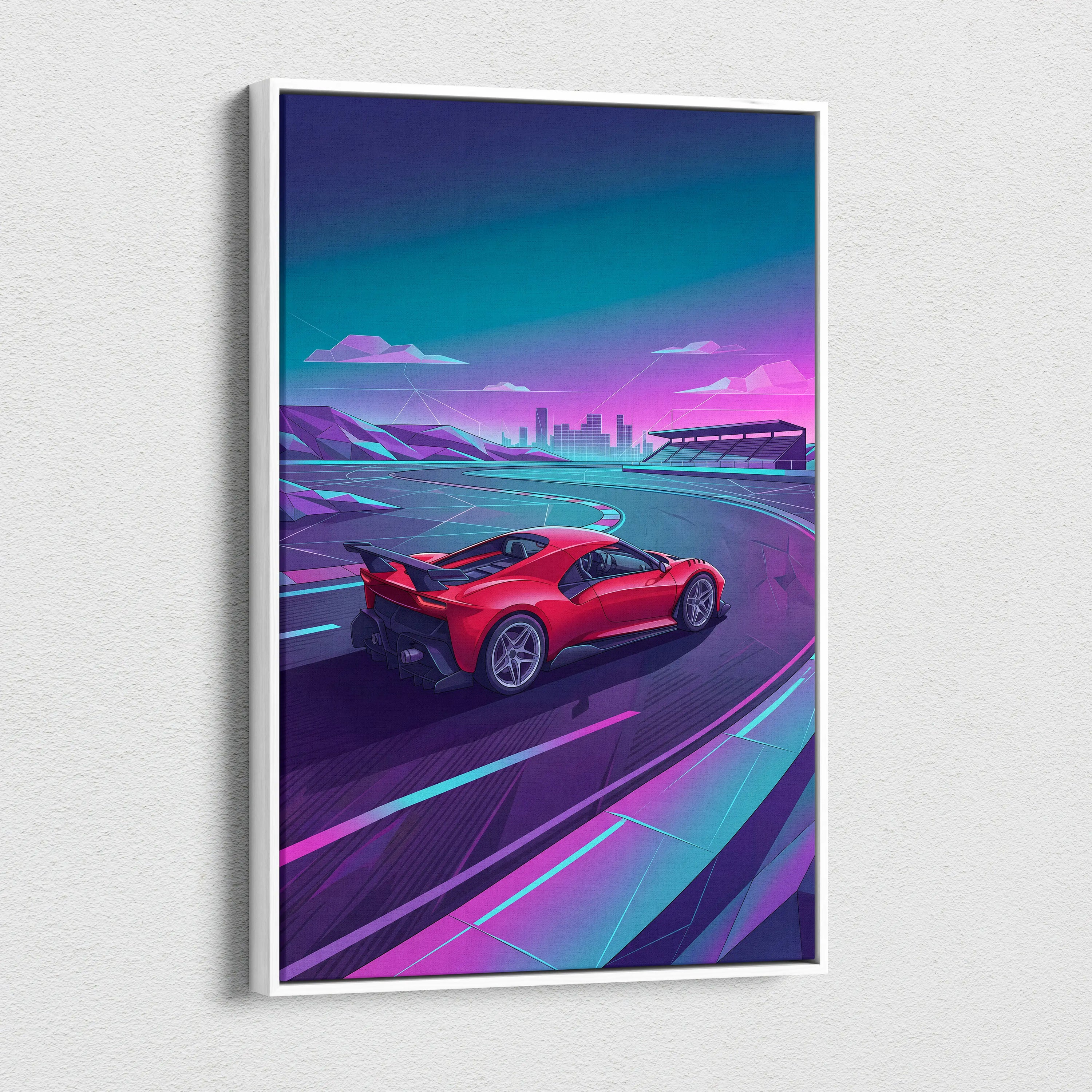 Ferrari 488 Inspired Red Teal Canvas Wall Art, Vaporwave Track Car Artwork, Neon City Garage Decor, Retro Futuristic Supercar Print