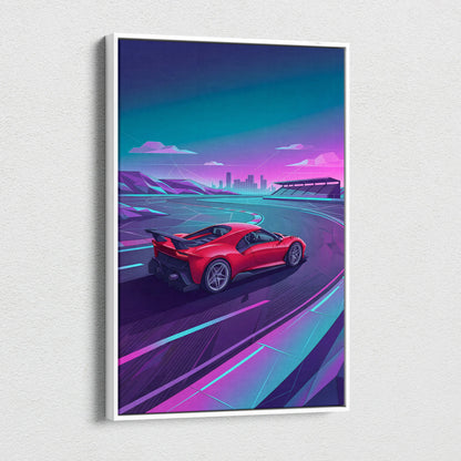 Ferrari 488 Inspired Red Teal Canvas Wall Art, Vaporwave Track Car Artwork, Neon City Garage Decor, Retro Futuristic Supercar Print