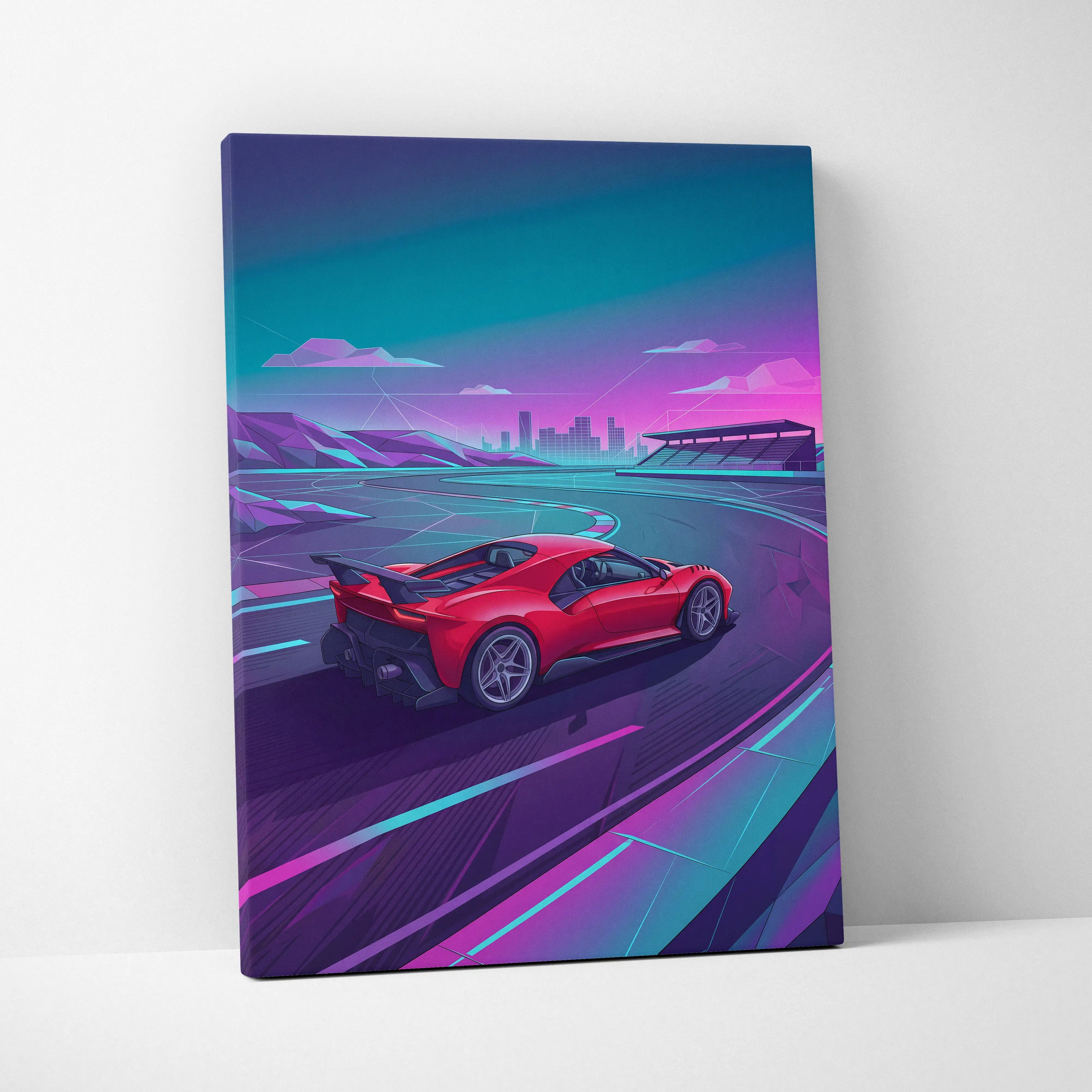 Ferrari 488 Inspired Red Teal Canvas Wall Art, Vaporwave Track Car Artwork, Neon City Garage Decor, Retro Futuristic Supercar Print