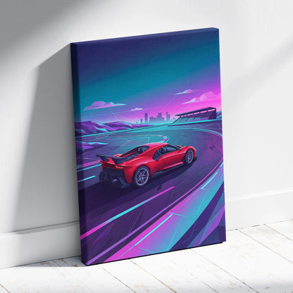 Ferrari 488 Inspired Red Teal Canvas Wall Art, Vaporwave Track Car Artwork, Neon City Garage Decor, Retro Futuristic Supercar Print