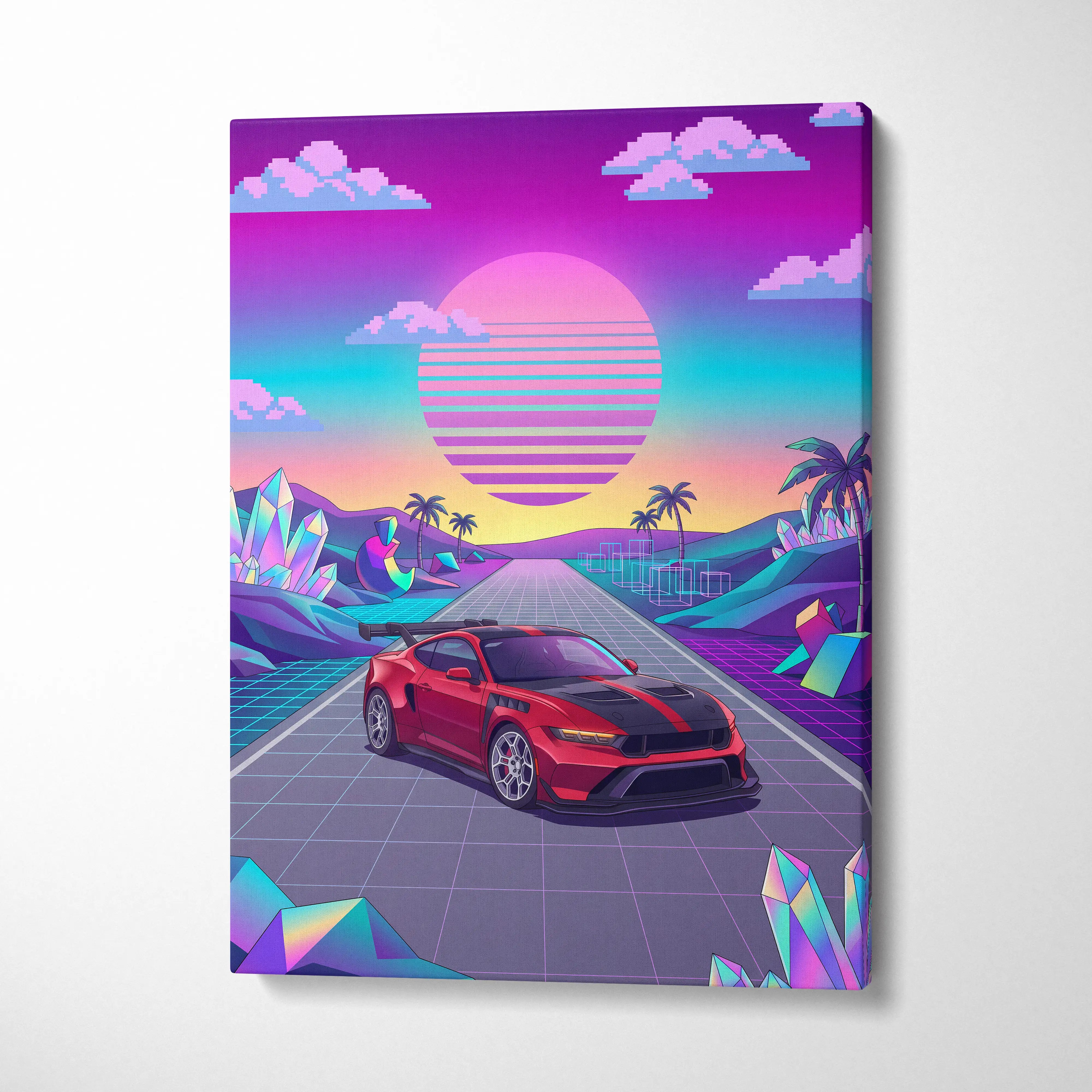 Ford Mustang GTD Inspired Red Vaporwave Canvas Wall Art, Neon Sunset Pixel Road, Retro Futuristic Garage Decor, Sports Car Artwork