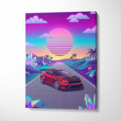 Ford Mustang GTD Inspired Red Vaporwave Canvas Wall Art, Neon Sunset Pixel Road, Retro Futuristic Garage Decor, Sports Car Artwork