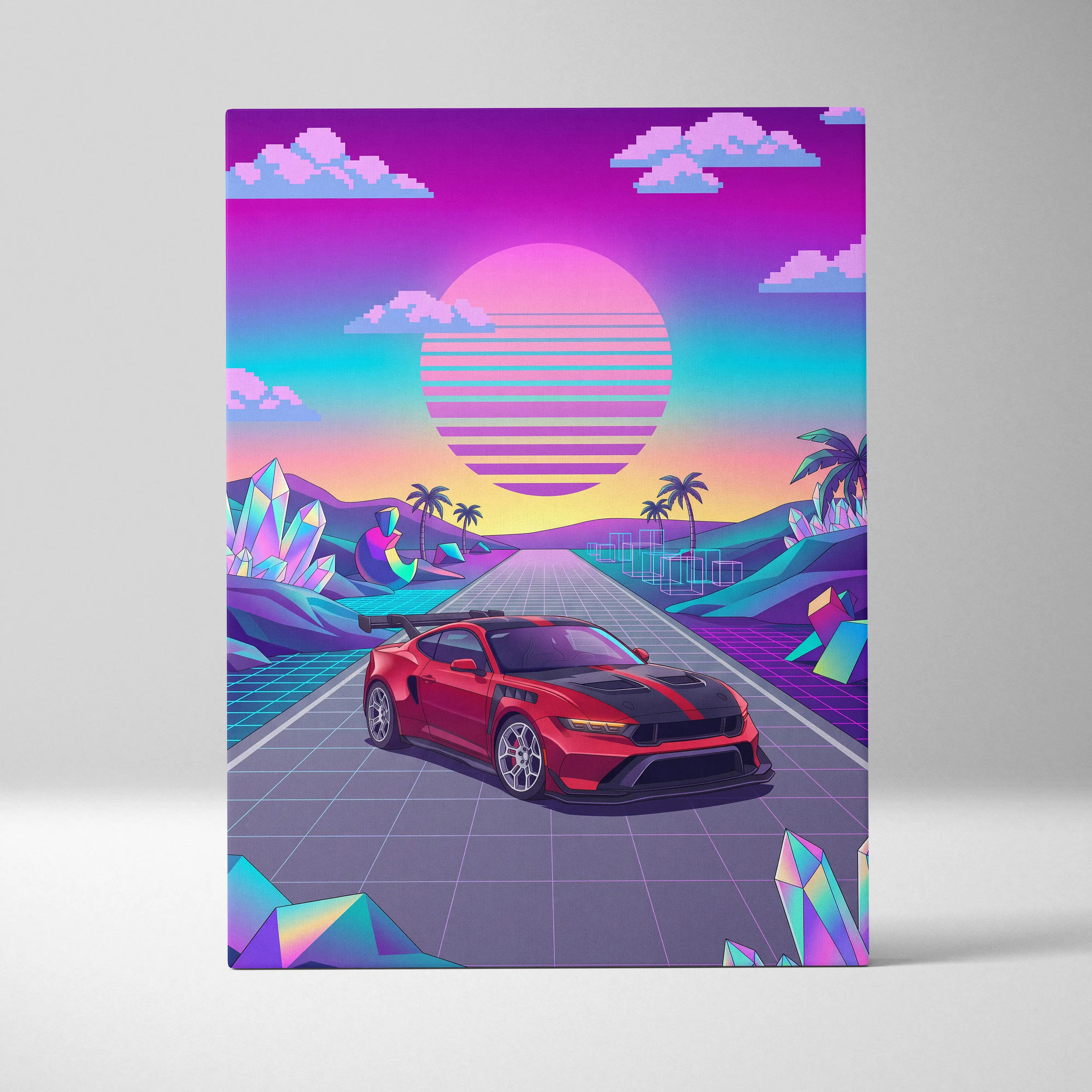 Ford Mustang GTD Inspired Red Vaporwave Canvas Wall Art, Neon Sunset Pixel Road, Retro Futuristic Garage Decor, Sports Car Artwork