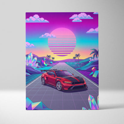 Ford Mustang GTD Inspired Red Vaporwave Canvas Wall Art, Neon Sunset Pixel Road, Retro Futuristic Garage Decor, Sports Car Artwork