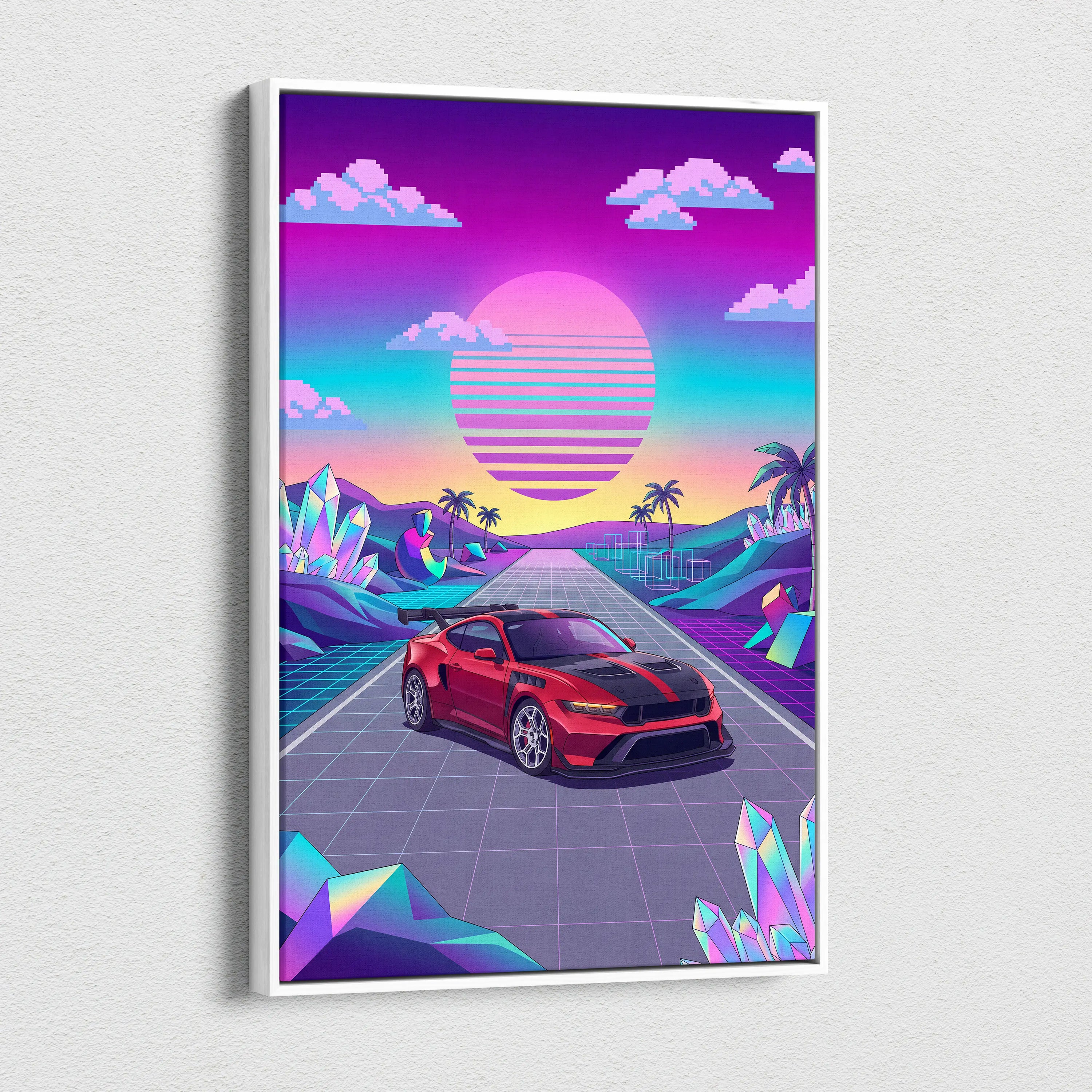 Ford Mustang GTD Inspired Red Vaporwave Canvas Wall Art, Neon Sunset Pixel Road, Retro Futuristic Garage Decor, Sports Car Artwork