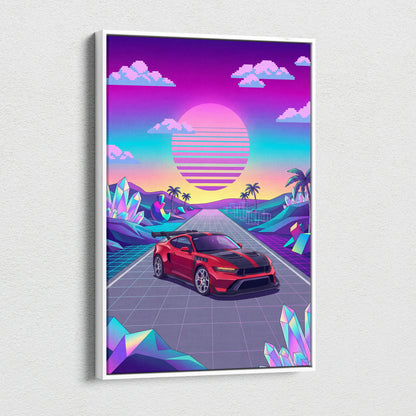 Ford Mustang GTD Inspired Red Vaporwave Canvas Wall Art, Neon Sunset Pixel Road, Retro Futuristic Garage Decor, Sports Car Artwork