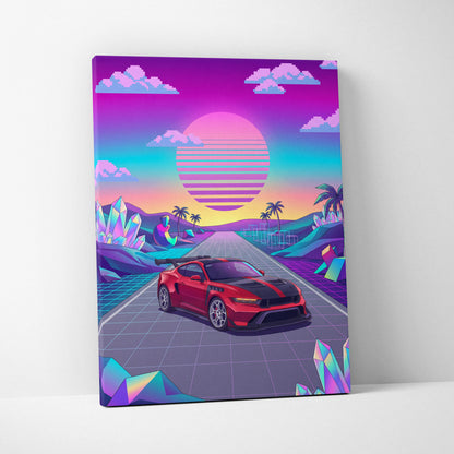 Ford Mustang GTD Inspired Red Vaporwave Canvas Wall Art, Neon Sunset Pixel Road, Retro Futuristic Garage Decor, Sports Car Artwork