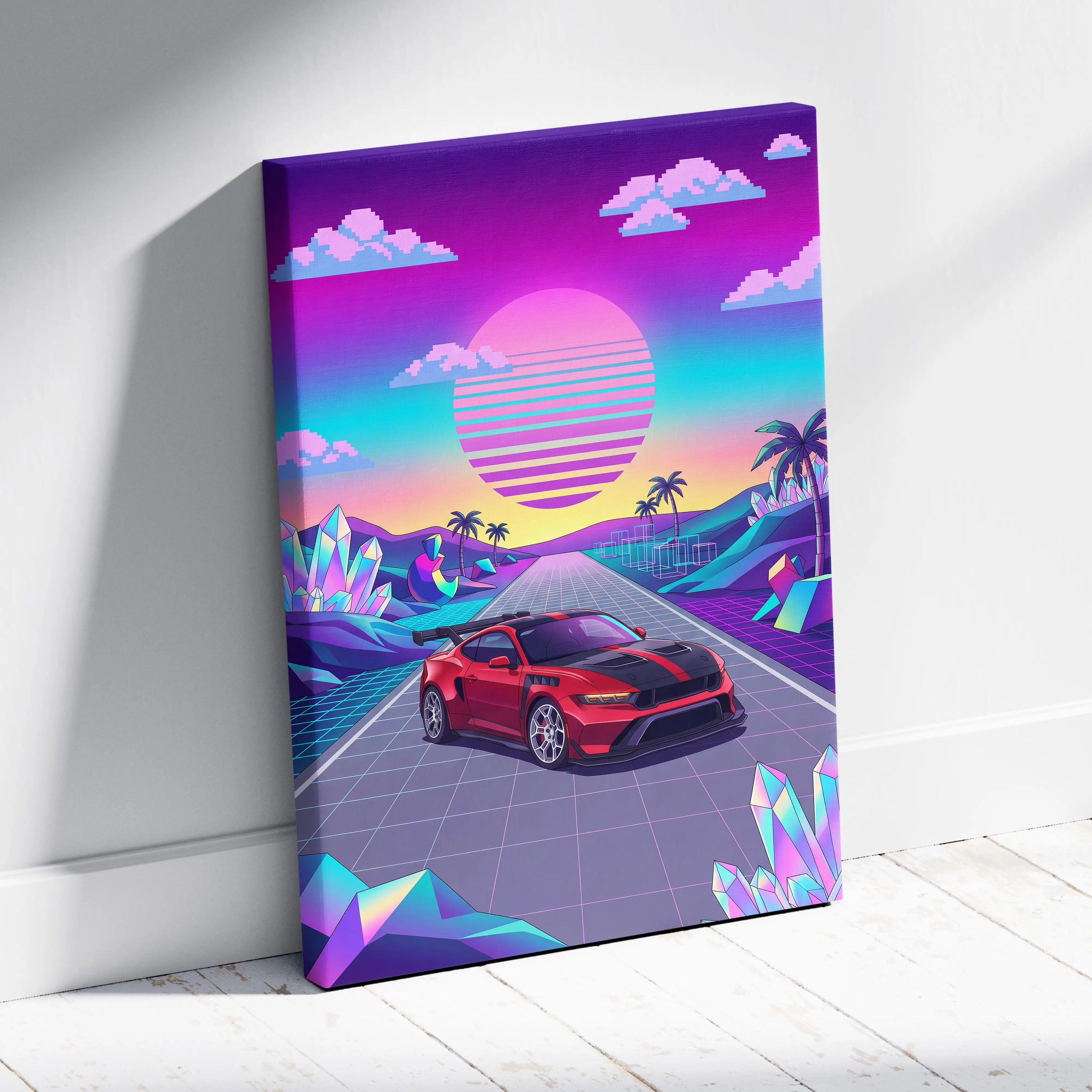 Ford Mustang GTD Inspired Red Vaporwave Canvas Wall Art, Neon Sunset Pixel Road, Retro Futuristic Garage Decor, Sports Car Artwork