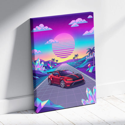 Ford Mustang GTD Inspired Red Vaporwave Canvas Wall Art, Neon Sunset Pixel Road, Retro Futuristic Garage Decor, Sports Car Artwork
