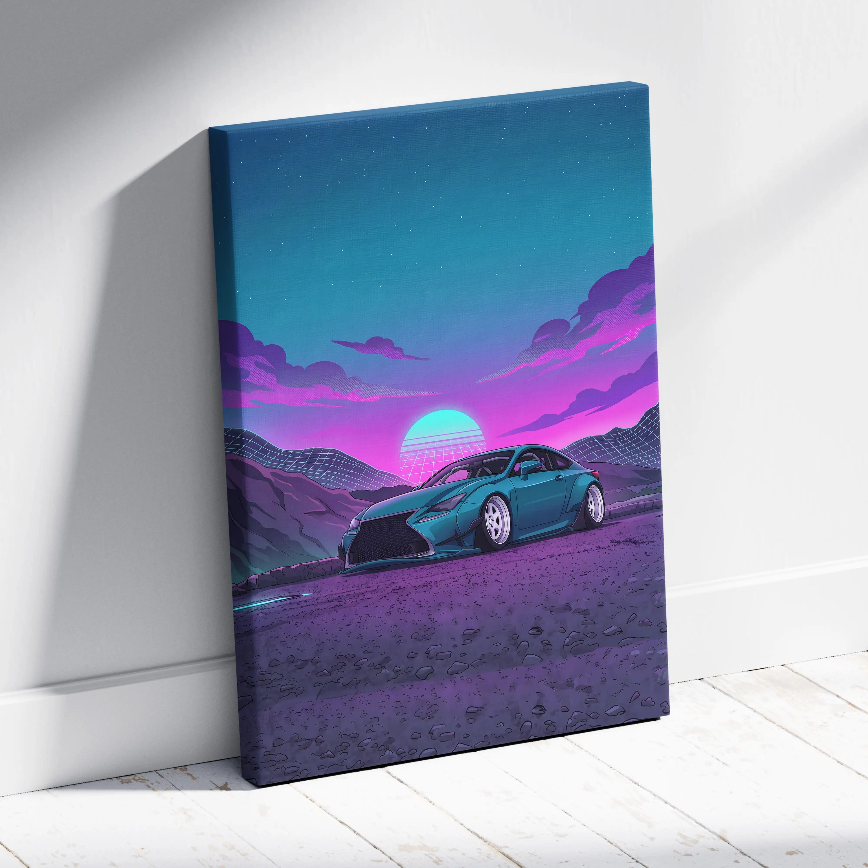 Lexus RC Inspired Teal Purple Canvas Wall Art, Vaporwave Sports Car Artwork, Neon Sunset Garage Decor, Retro Futuristic JDM Print