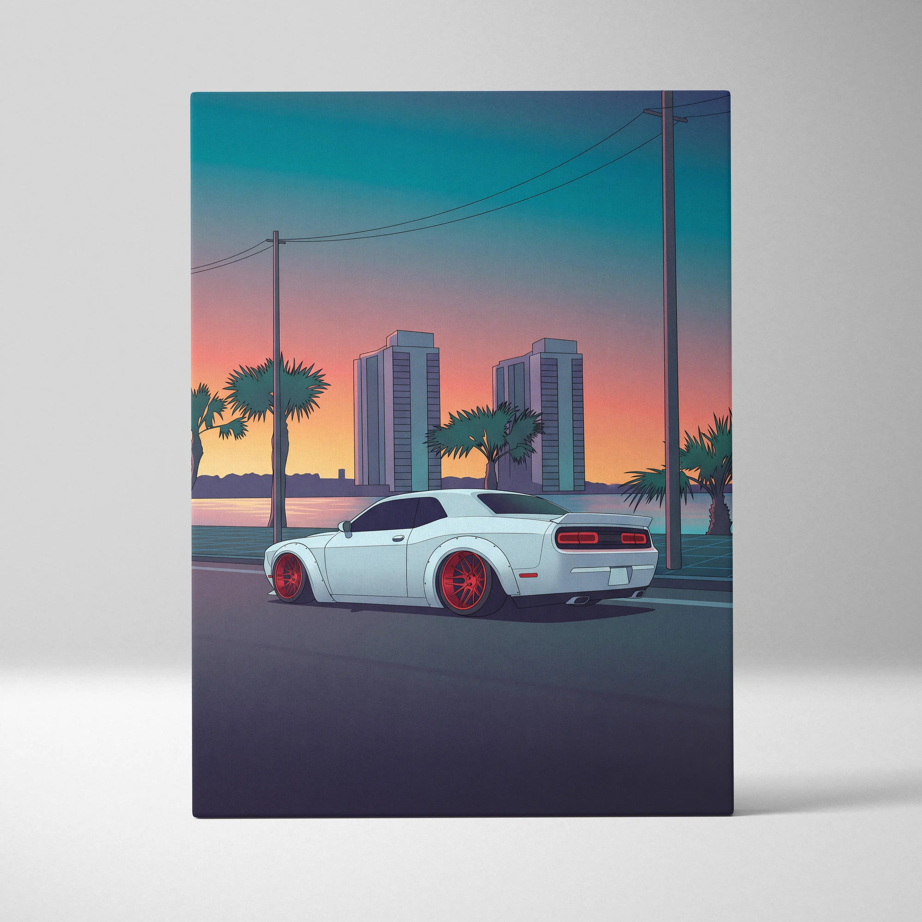 Dodge Challenger Inspired White Red Canvas Wall Art, Vaporwave Muscle Car Artwork, Neon Coastal City Decor, Retro Futuristic Garage Print