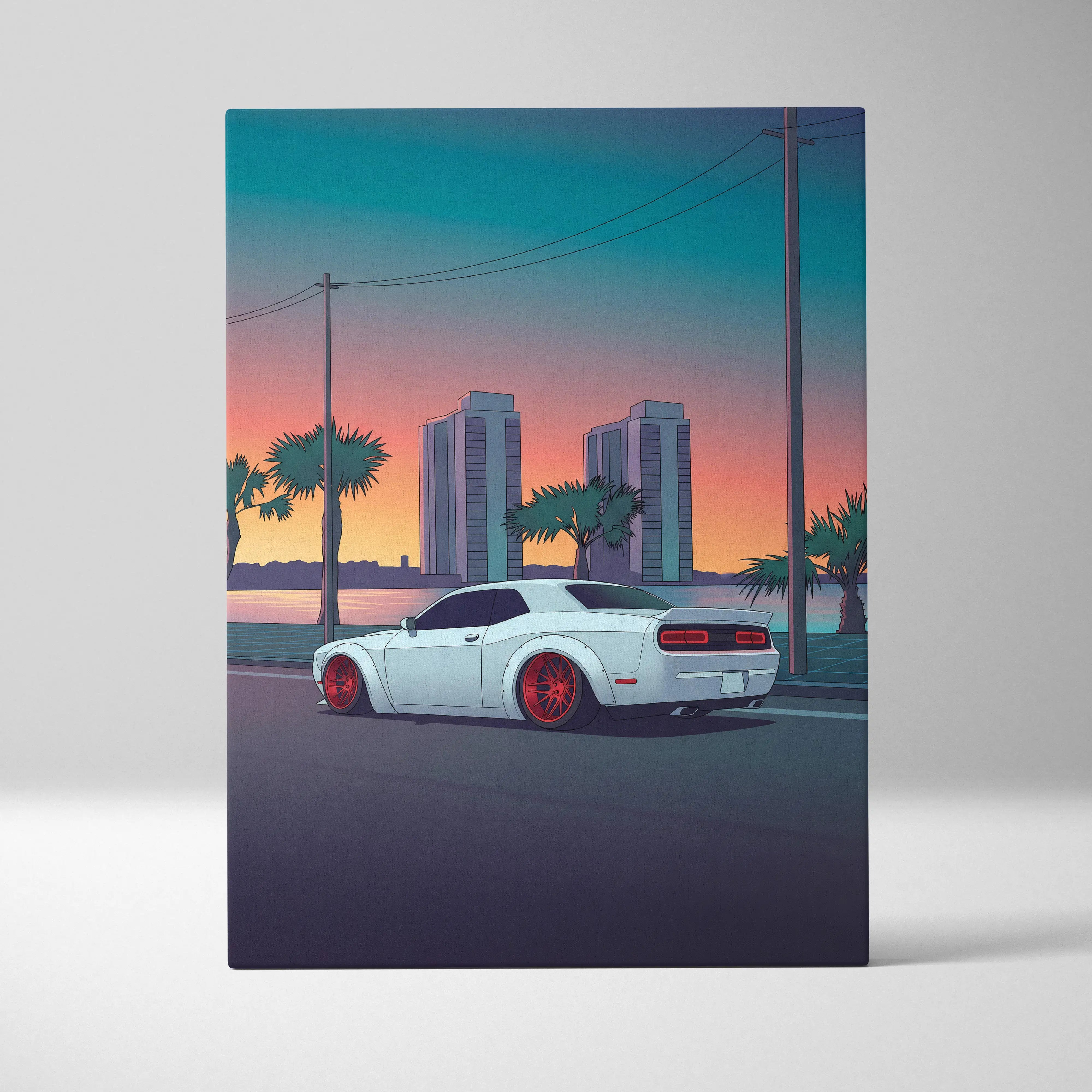 Dodge Challenger Inspired White Red Canvas Wall Art, Vaporwave Muscle Car Artwork, Neon Coastal City Decor, Retro Futuristic Garage Print