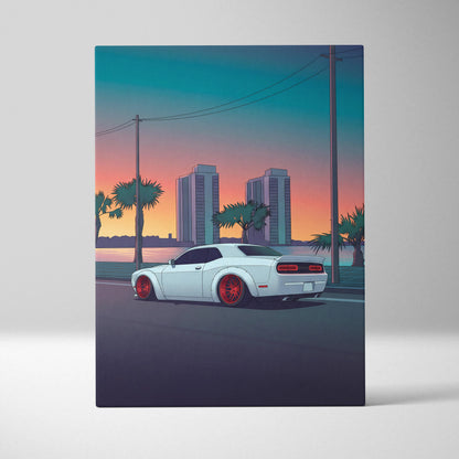 Dodge Challenger Inspired White Red Canvas Wall Art, Vaporwave Muscle Car Artwork, Neon Coastal City Decor, Retro Futuristic Garage Print