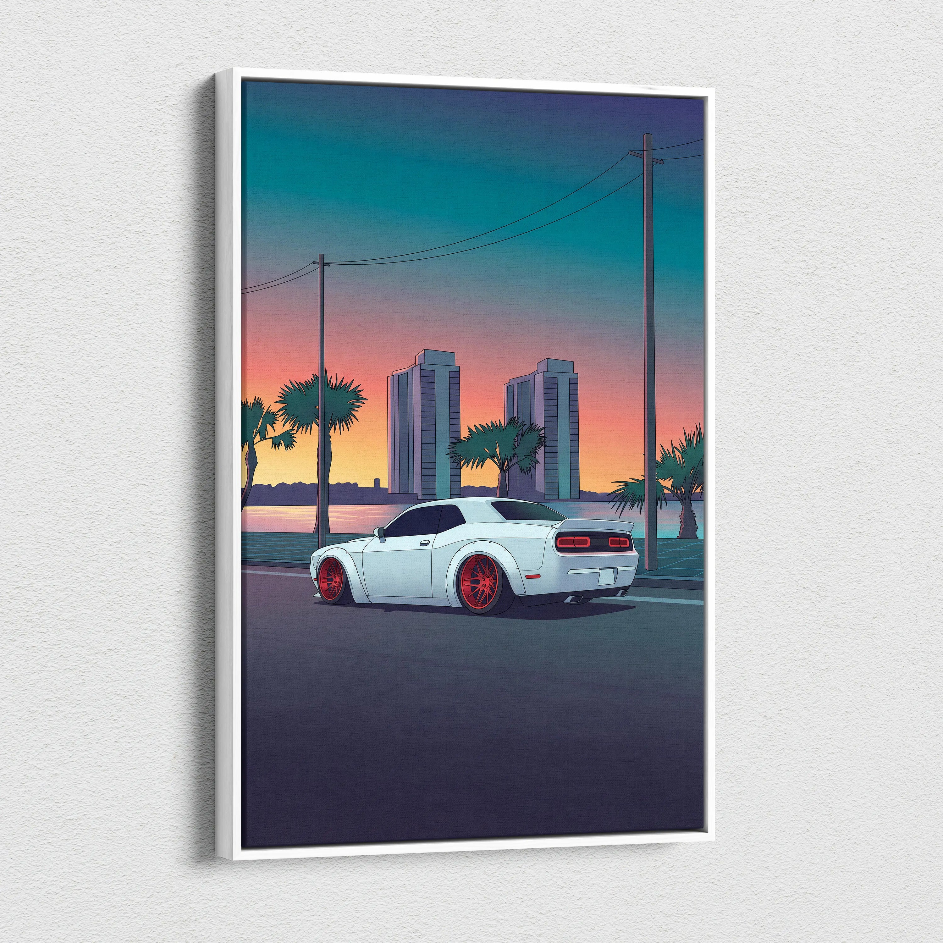 Dodge Challenger Inspired White Red Canvas Wall Art, Vaporwave Muscle Car Artwork, Neon Coastal City Decor, Retro Futuristic Garage Print