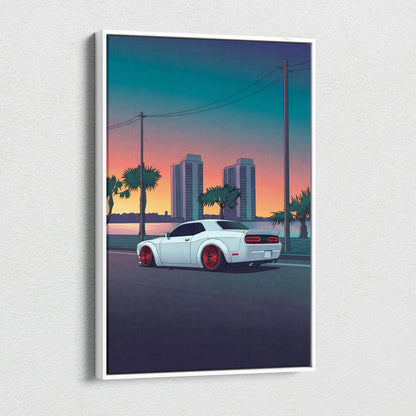 Dodge Challenger Inspired White Red Canvas Wall Art, Vaporwave Muscle Car Artwork, Neon Coastal City Decor, Retro Futuristic Garage Print