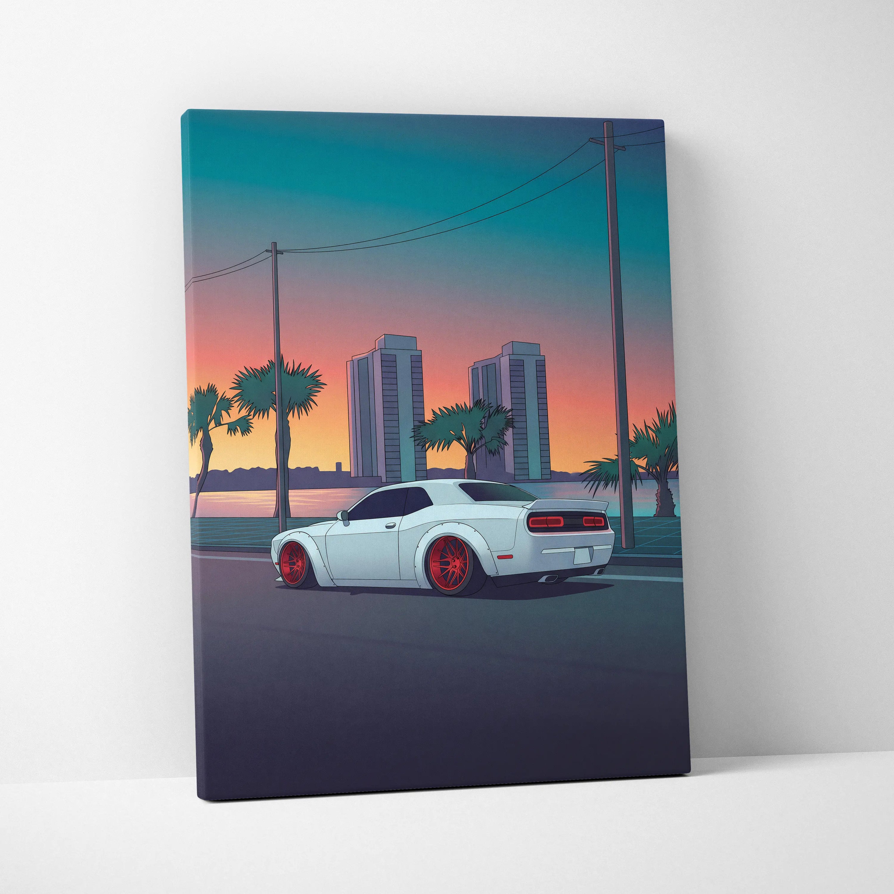 Dodge Challenger Inspired White Red Canvas Wall Art, Vaporwave Muscle Car Artwork, Neon Coastal City Decor, Retro Futuristic Garage Print