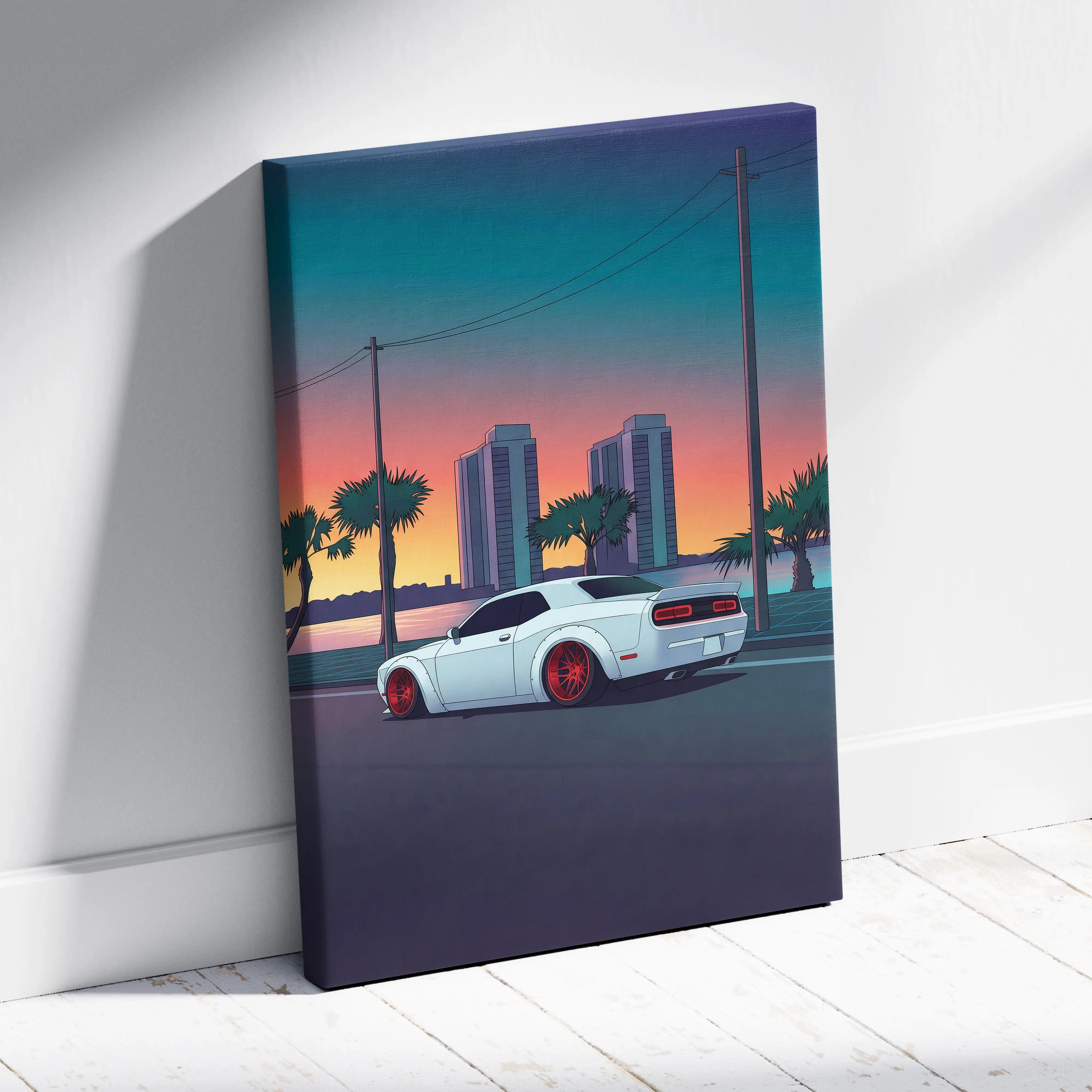 Dodge Challenger Inspired White Red Canvas Wall Art, Vaporwave Muscle Car Artwork, Neon Coastal City Decor, Retro Futuristic Garage Print