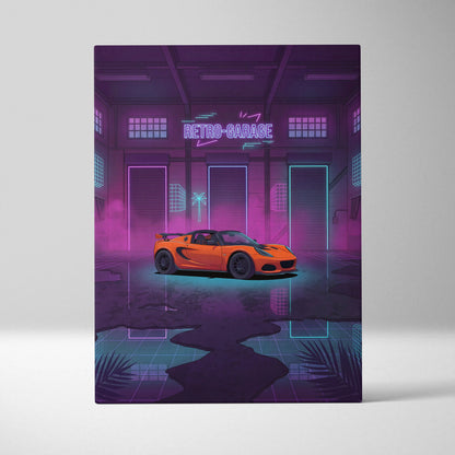 Lotus Elise Inspired Orange Purple Canvas Wall Art, Neon Vaporwave Sports Car Artwork for Retro Garage Decor with Moody JDM Style