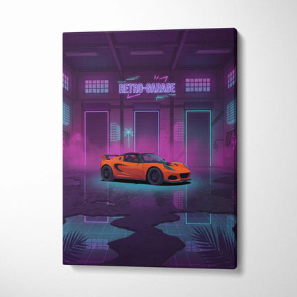 Lotus Elise Inspired Orange Purple Canvas Wall Art, Neon Vaporwave Sports Car Artwork for Retro Garage Decor with Moody JDM Style