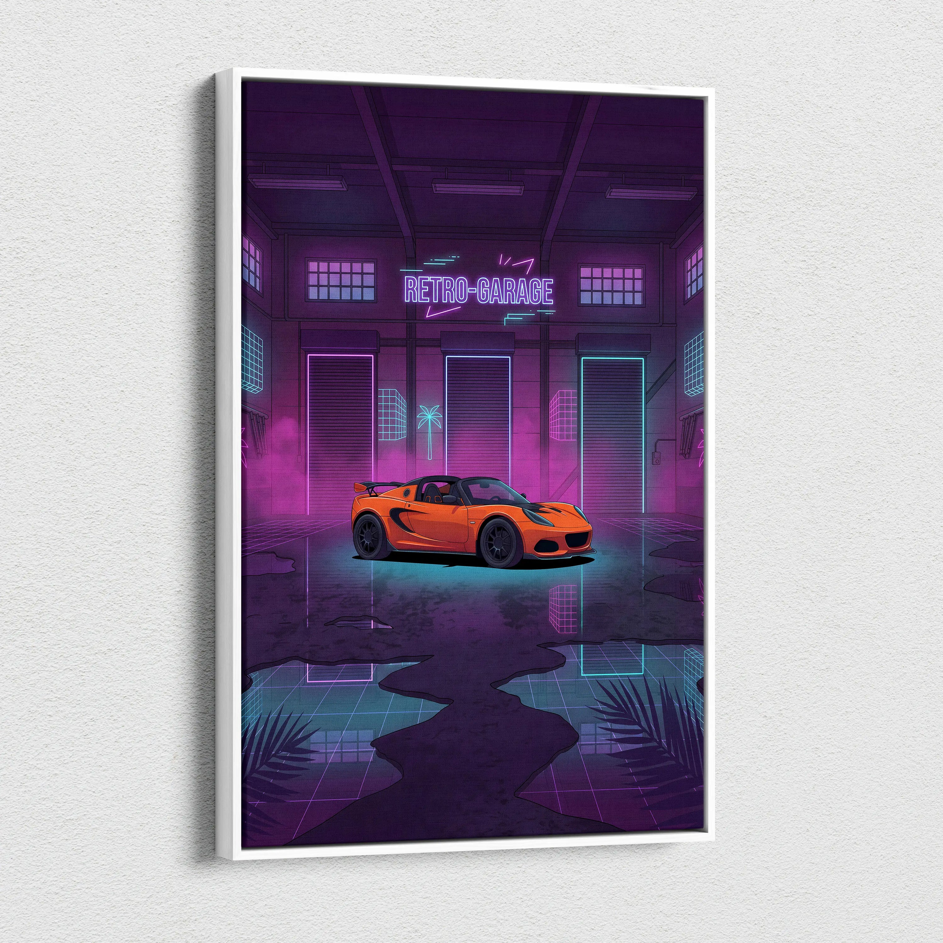 Lotus Elise Inspired Orange Purple Canvas Wall Art, Neon Vaporwave Sports Car Artwork for Retro Garage Decor with Moody JDM Style
