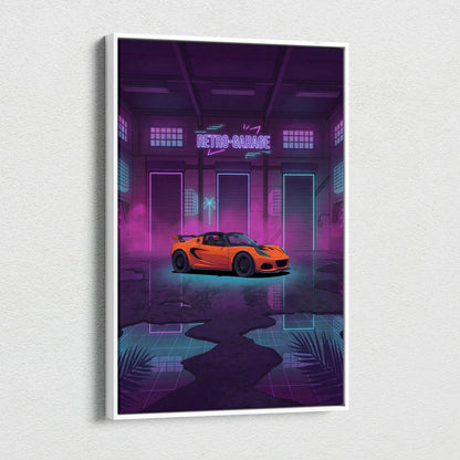 Lotus Elise Inspired Orange Purple Canvas Wall Art, Neon Vaporwave Sports Car Artwork for Retro Garage Decor with Moody JDM Style
