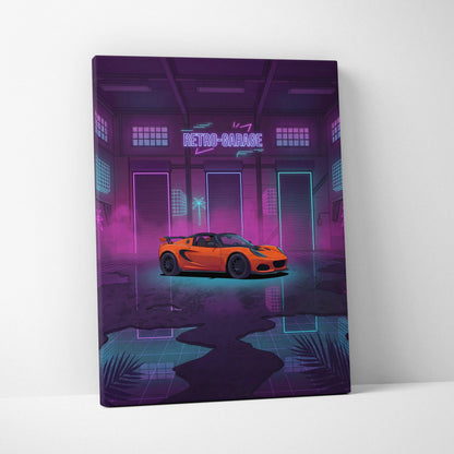 Lotus Elise Inspired Orange Purple Canvas Wall Art, Neon Vaporwave Sports Car Artwork for Retro Garage Decor with Moody JDM Style
