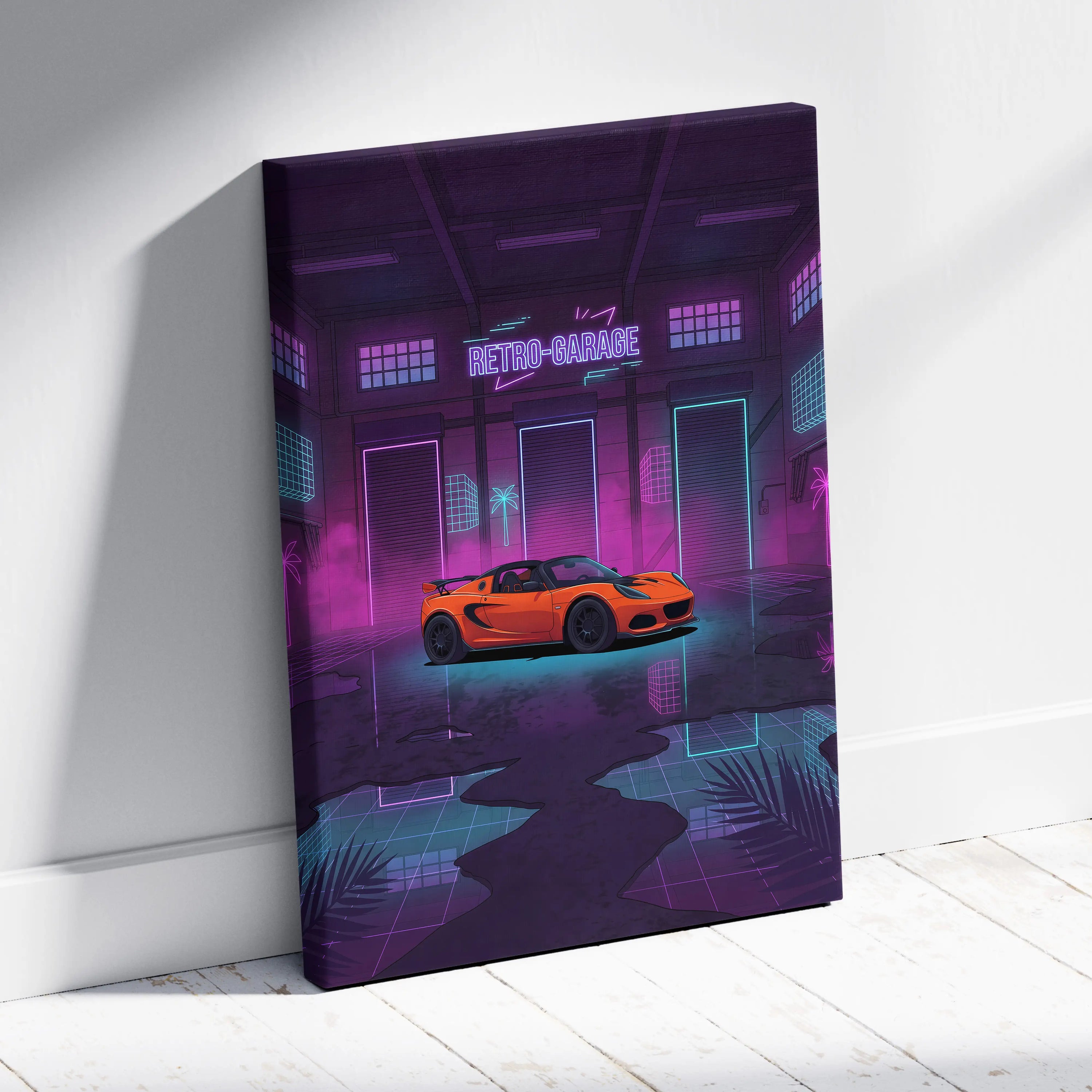 Lotus Elise Inspired Orange Purple Canvas Wall Art, Neon Vaporwave Sports Car Artwork for Retro Garage Decor with Moody JDM Style