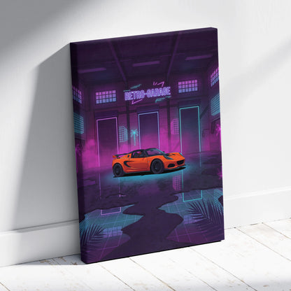 Lotus Elise Inspired Orange Purple Canvas Wall Art, Neon Vaporwave Sports Car Artwork for Retro Garage Decor with Moody JDM Style