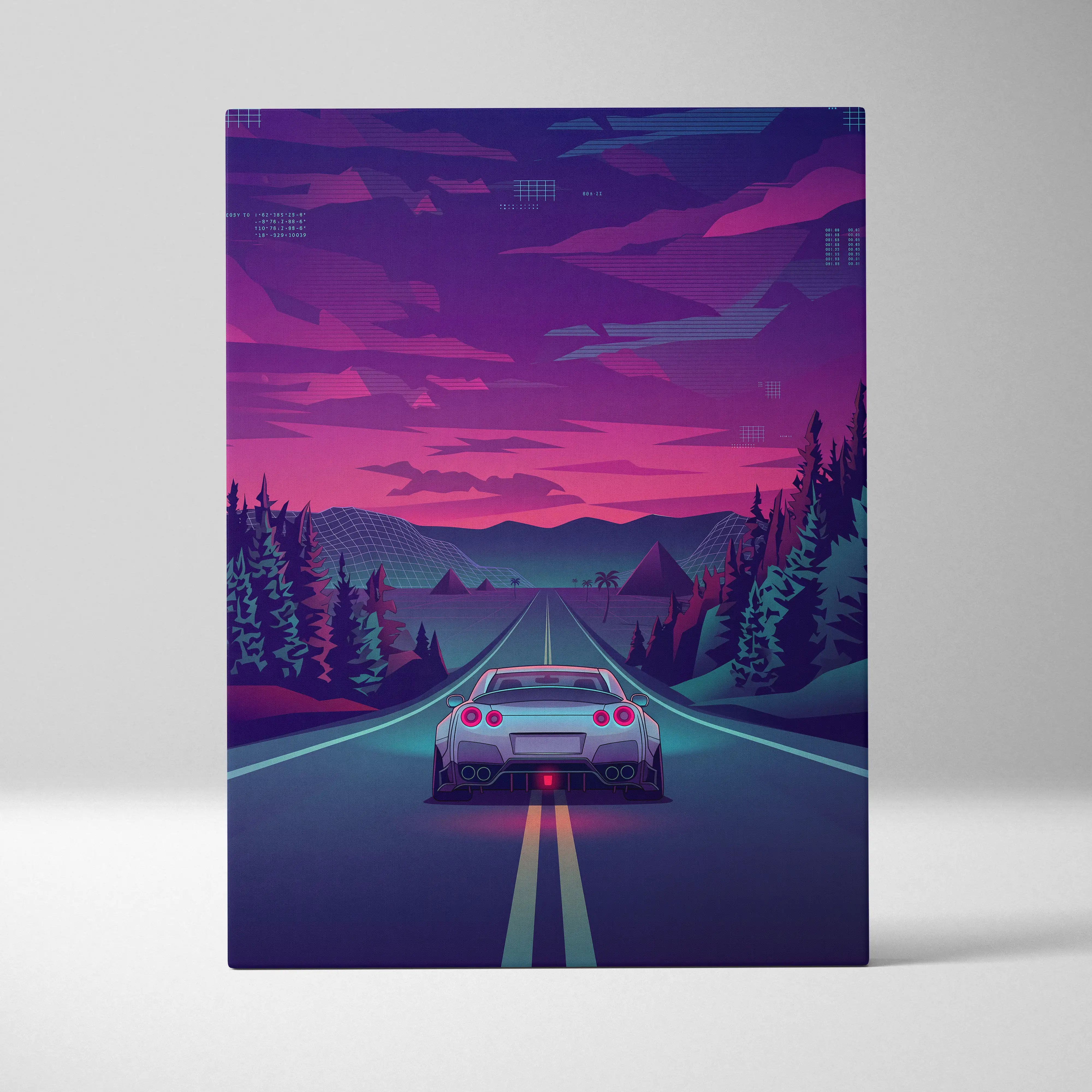 Nissan GT-R R35 Inspired Silver Purple Canvas Wall Art, Neon Vaporwave JDM Supercar Artwork for Moody Mountain Road Decor