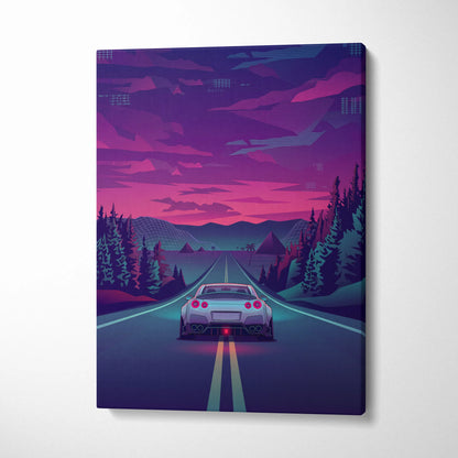 Nissan GT-R R35 Inspired Silver Purple Canvas Wall Art, Neon Vaporwave JDM Supercar Artwork for Moody Mountain Road Decor