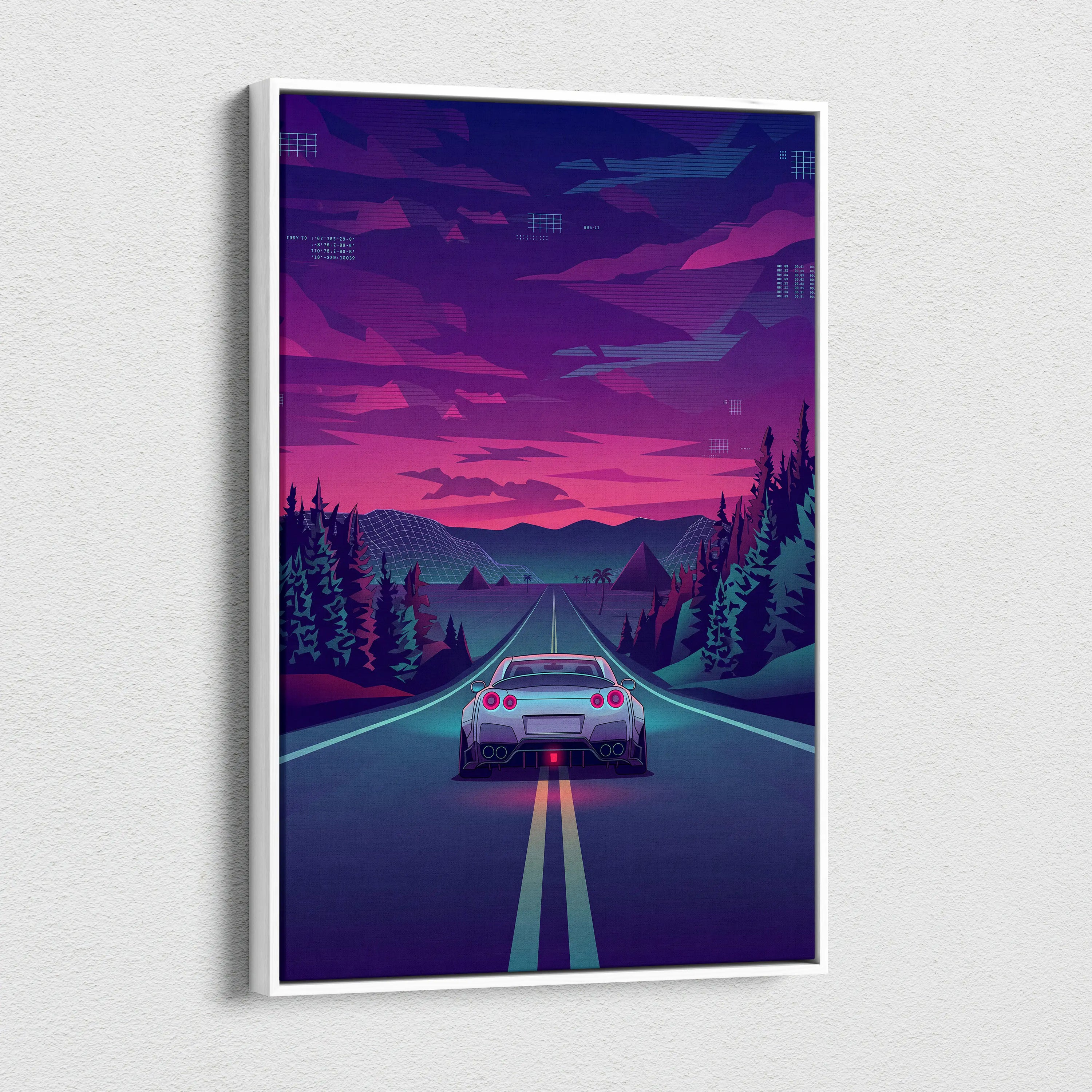 Nissan GT-R R35 Inspired Silver Purple Canvas Wall Art, Neon Vaporwave JDM Supercar Artwork for Moody Mountain Road Decor