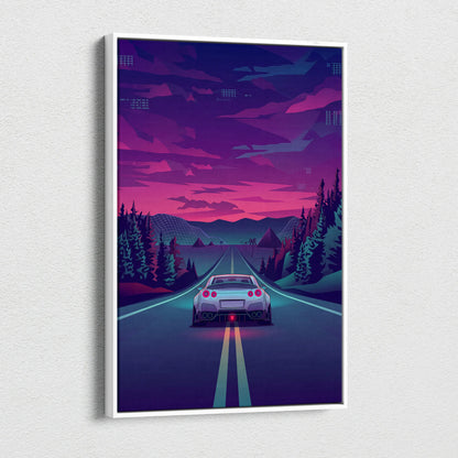 Nissan GT-R R35 Inspired Silver Purple Canvas Wall Art, Neon Vaporwave JDM Supercar Artwork for Moody Mountain Road Decor