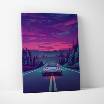 Nissan GT-R R35 Inspired Silver Purple Canvas Wall Art, Neon Vaporwave JDM Supercar Artwork for Moody Mountain Road Decor