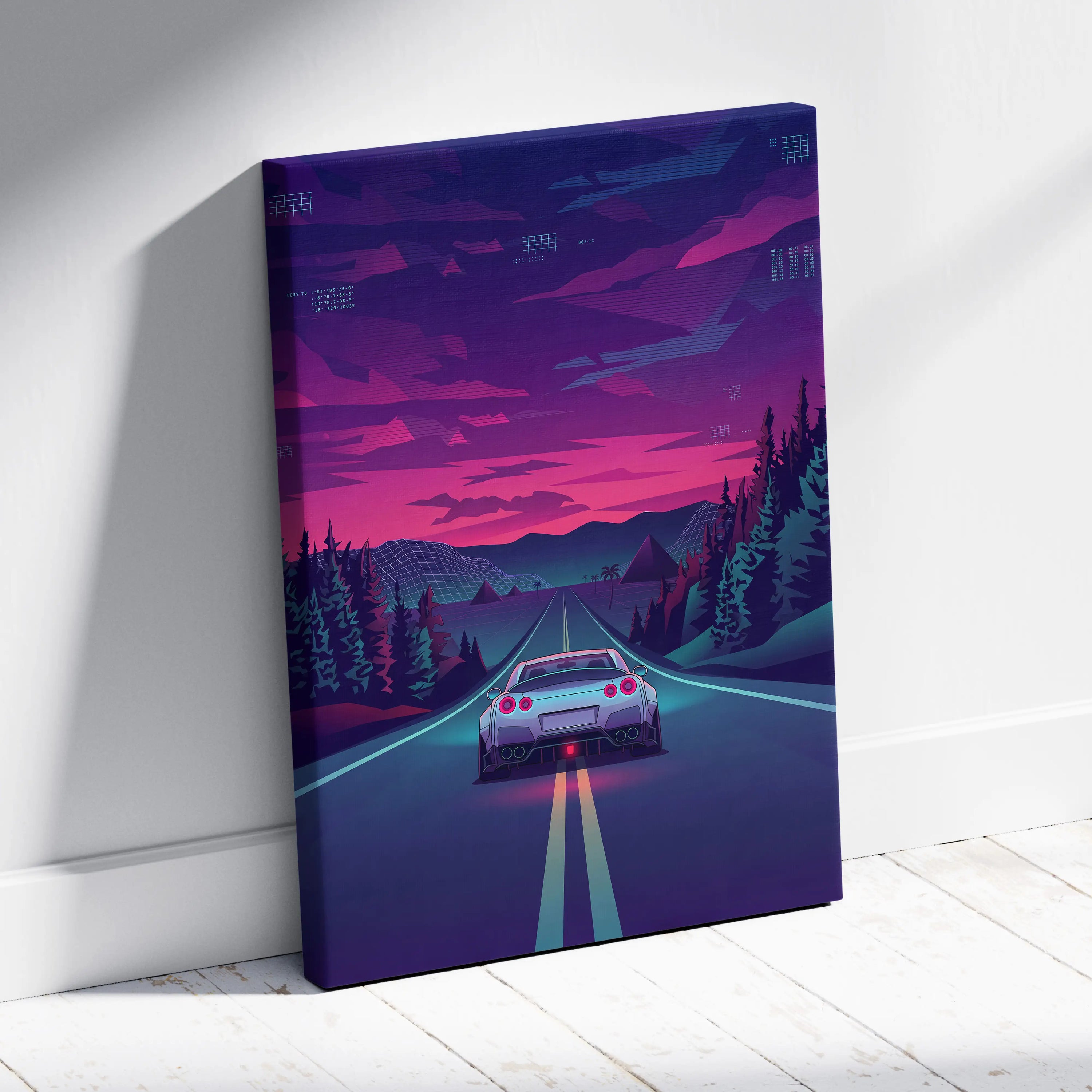 Nissan GT-R R35 Inspired Silver Purple Canvas Wall Art, Neon Vaporwave JDM Supercar Artwork for Moody Mountain Road Decor
