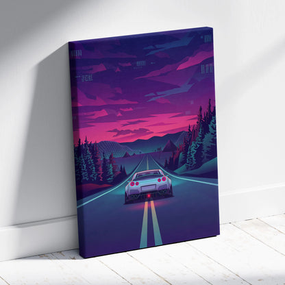 Nissan GT-R R35 Inspired Silver Purple Canvas Wall Art, Neon Vaporwave JDM Supercar Artwork for Moody Mountain Road Decor