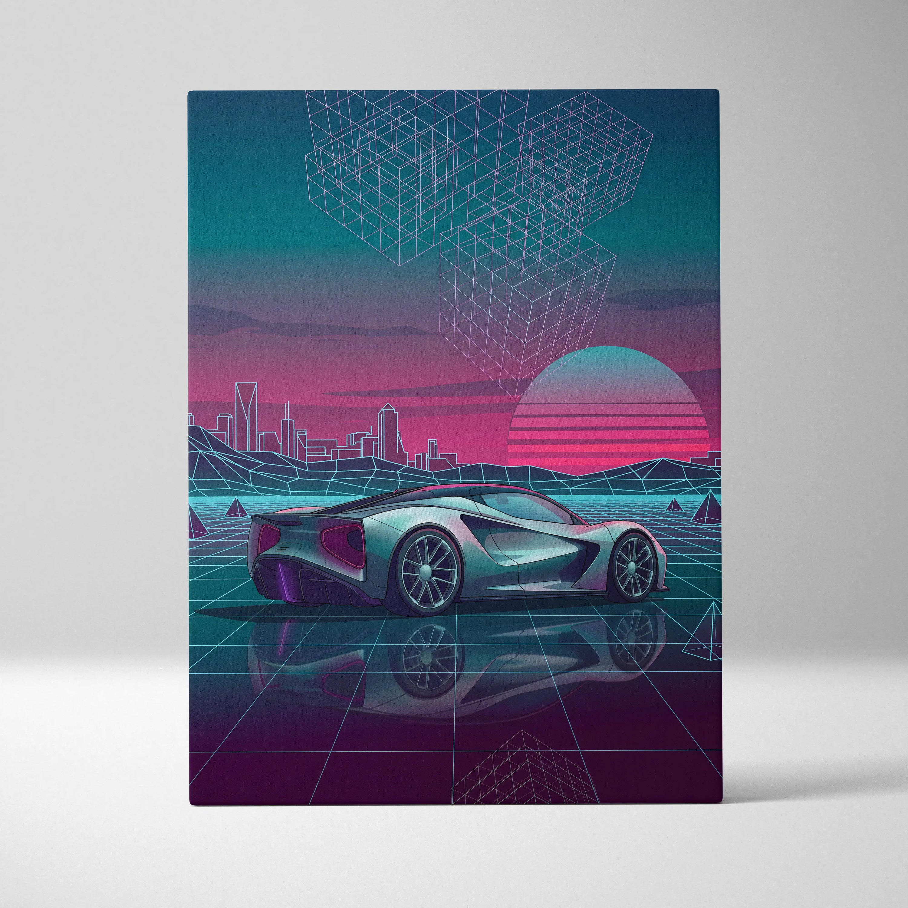 Lotus Evija Inspired Silver Teal Canvas Wall Art, Neon Vaporwave Hypercar Artwork for Futuristic Garage Decor Mood