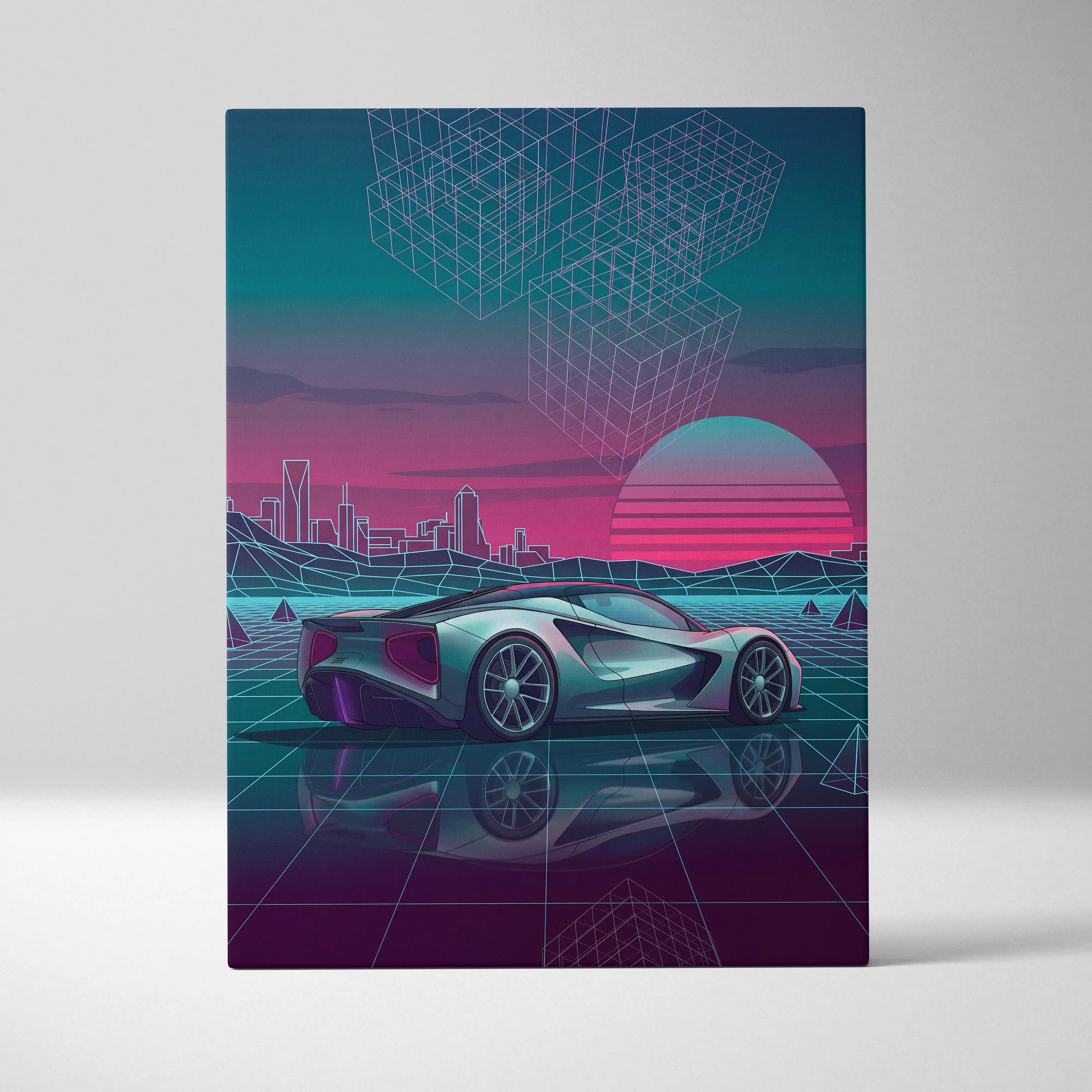 Lotus Evija Inspired Silver Teal Canvas Wall Art, Neon Vaporwave Hypercar Artwork for Futuristic Garage Decor Mood
